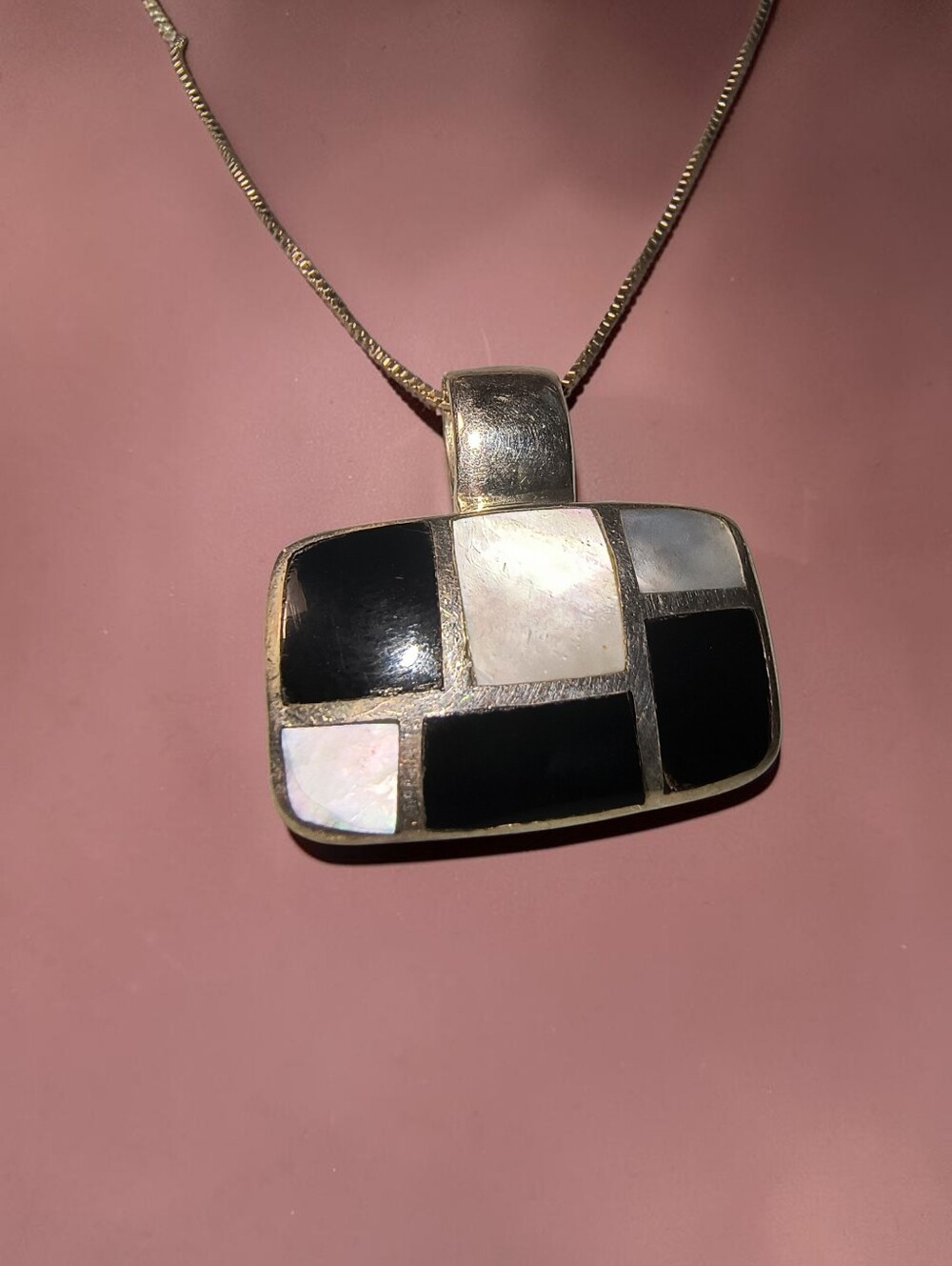 Black Onyx & White MOP Shell Sterling Silver Inlay Geometric Pendant Necklace